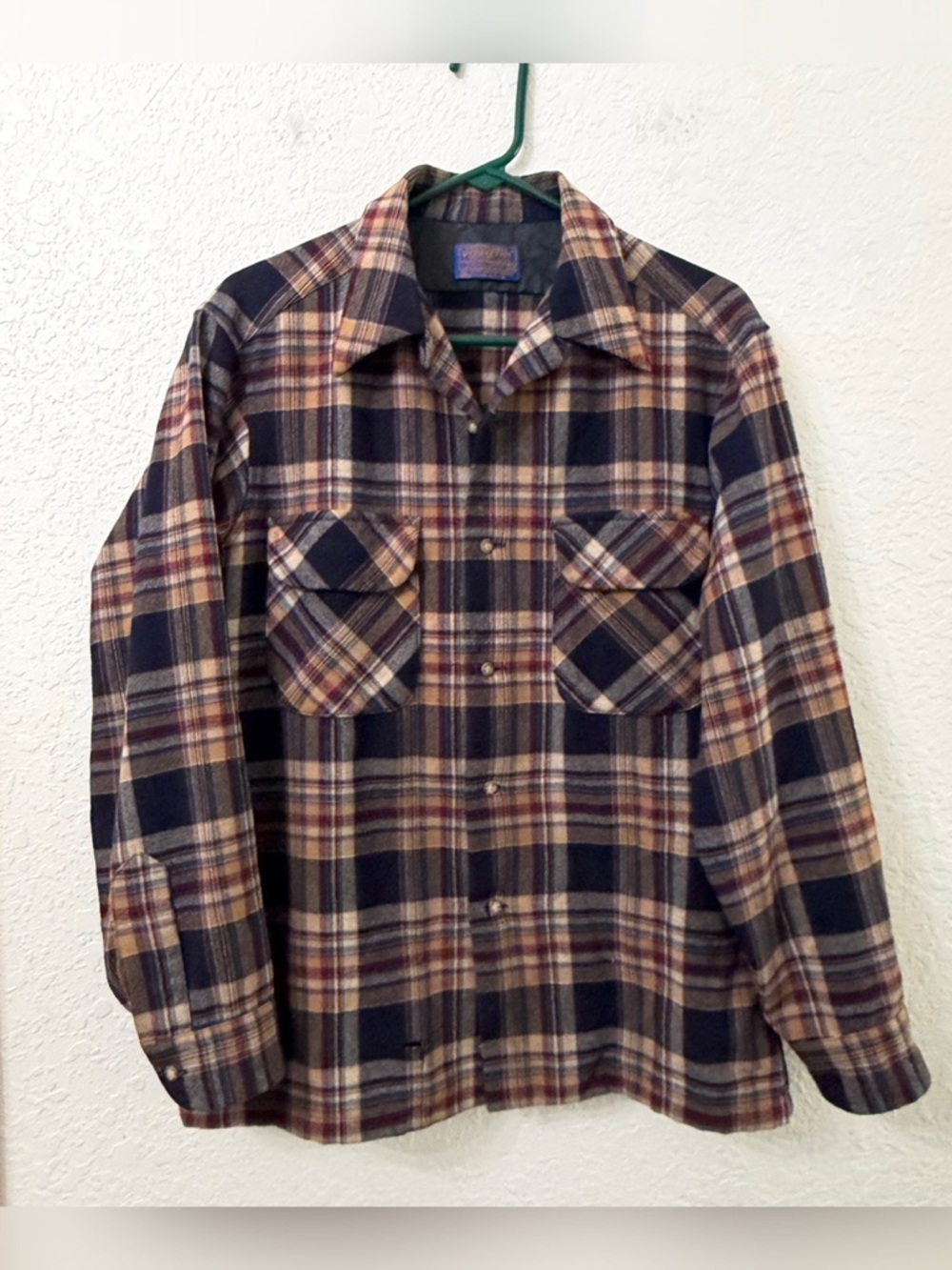 Vintage 60s 70s Pendleton Plaid Flannel Button Shirt in Navy and Tan - M